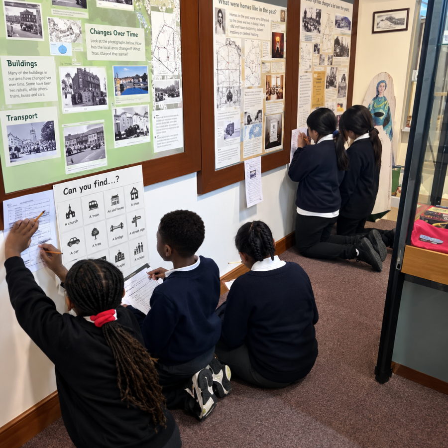 A group of schoolchildren in dark uniforms explore a museum exhibition, examining historical photographs, information boards and interactive displays. Some kneel on the carpet to look more closely at the exhibits.