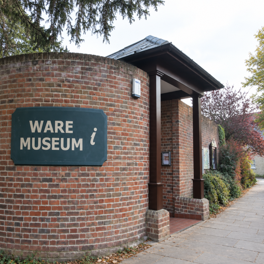Exterior of Ware Museum, showing its curved red-brick wall with a large green and cream museum sign. A covered entrance leads into the building, with a paved walkway and trees alongside.